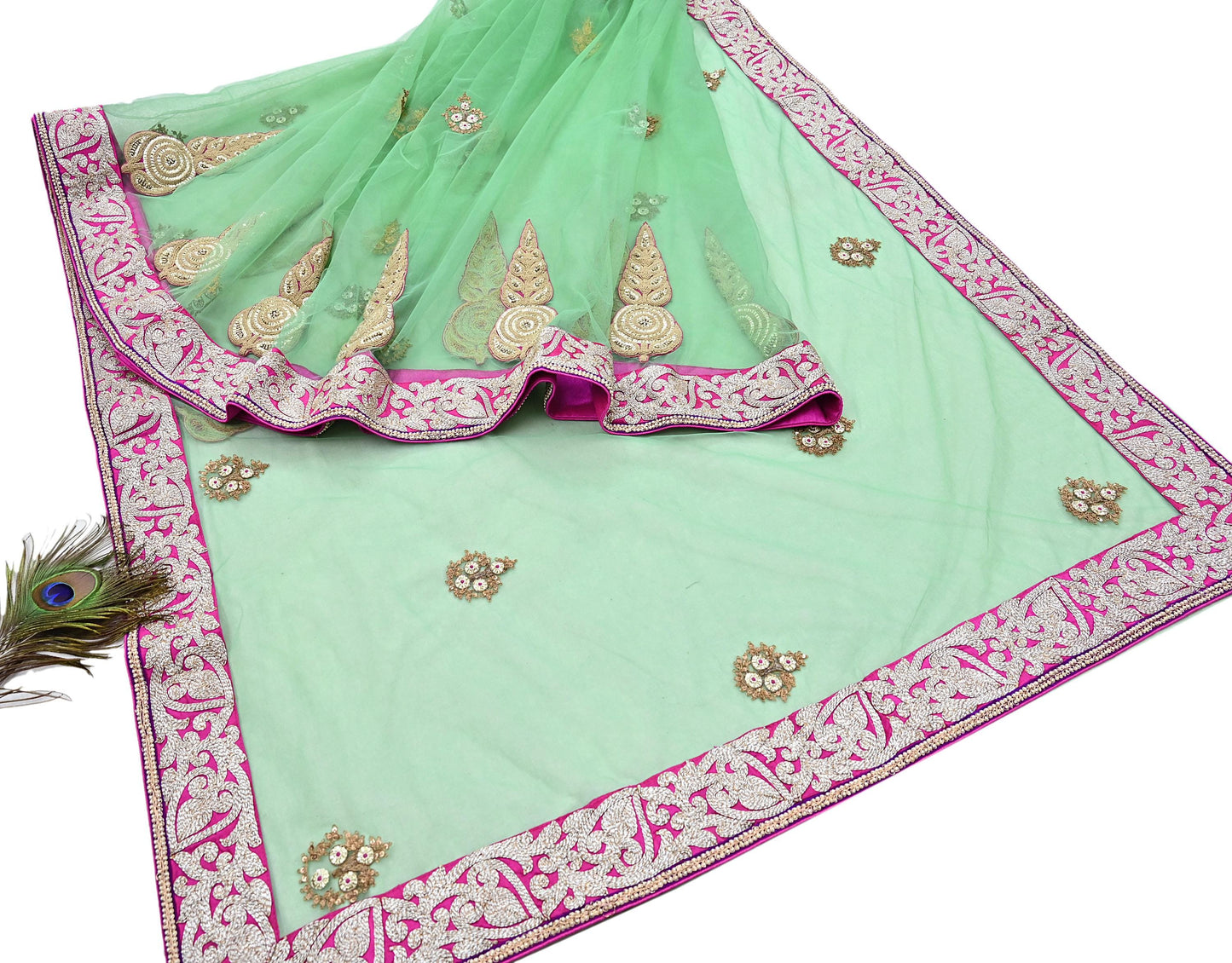 Indian New Heavy Sari Green Net/Mesh Hand Embroidered Designer Manish Malhotra Sarees 6Yd Ethnic Zardozi/Dabka Zari With Blouse Fabric