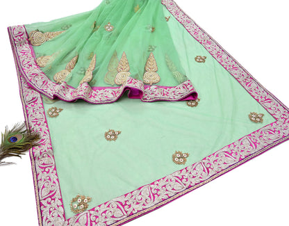 Indian New Heavy Sari Green Net/Mesh Hand Embroidered Designer Manish Malhotra Sarees 6Yd Ethnic Zardozi/Dabka Zari With Blouse Fabric