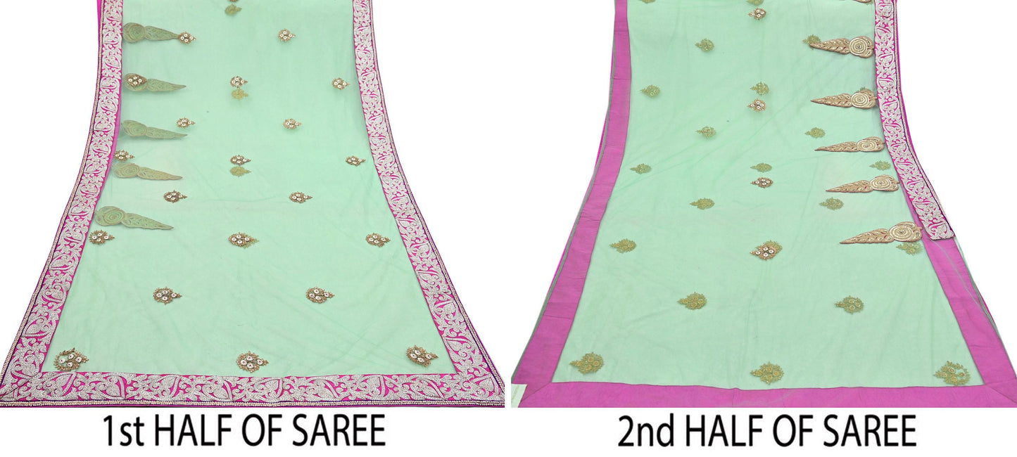 Indian New Heavy Sari Green Net/Mesh Hand Embroidered Designer Manish Malhotra Sarees 6Yd Ethnic Zardozi/Dabka Zari With Blouse Fabric