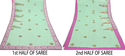Indian New Heavy Sari Green Net/Mesh Hand Embroidered Designer Manish Malhotra Sarees 6Yd Ethnic Zardozi/Dabka Zari With Blouse Fabric