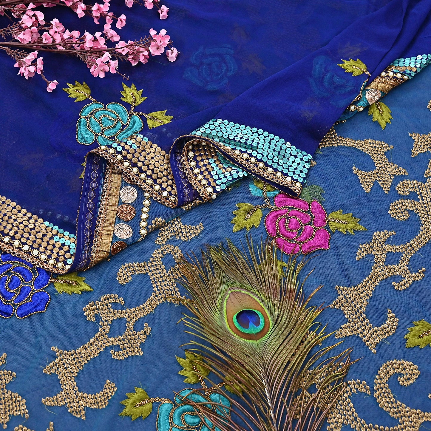 Indian Vintage Sari Blue Net/ Pure Georgette Silk Hand Embroidered Anamika Khanna Designer Sarees Ethnic 6Yd Dabka Zari Wedding Sarees