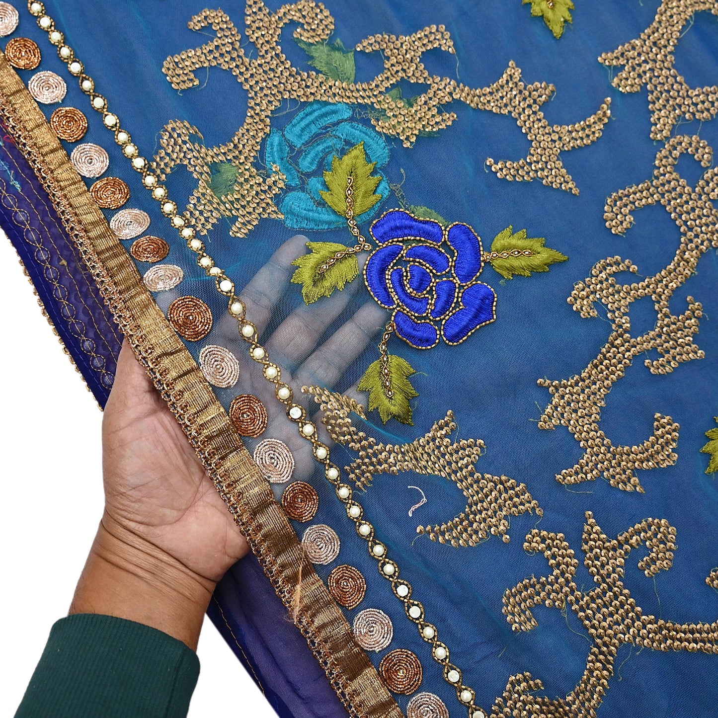 Indian Vintage Sari Blue Net/ Pure Georgette Silk Hand Embroidered Anamika Khanna Designer Sarees Ethnic 6Yd Dabka Zari Wedding Sarees