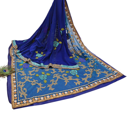 Indian Vintage Sari Blue Net/ Pure Georgette Silk Hand Embroidered Anamika Khanna Designer Sarees Ethnic 6Yd Dabka Zari Wedding Sarees