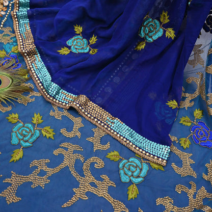 Indian Vintage Sari Blue Net/ Pure Georgette Silk Hand Embroidered Anamika Khanna Designer Sarees Ethnic 6Yd Dabka Zari Wedding Sarees