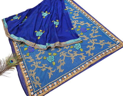 Indian Vintage Sari Blue Net/ Pure Georgette Silk Hand Embroidered Anamika Khanna Designer Sarees Ethnic 6Yd Dabka Zari Wedding Sarees
