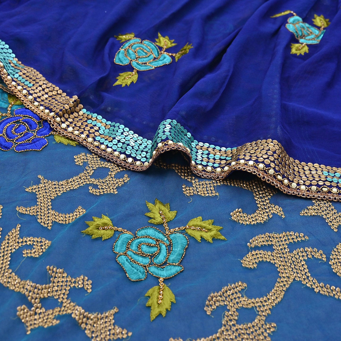 Indian Vintage Sari Blue Net/ Pure Georgette Silk Hand Embroidered Anamika Khanna Designer Sarees Ethnic 6Yd Dabka Zari Wedding Sarees