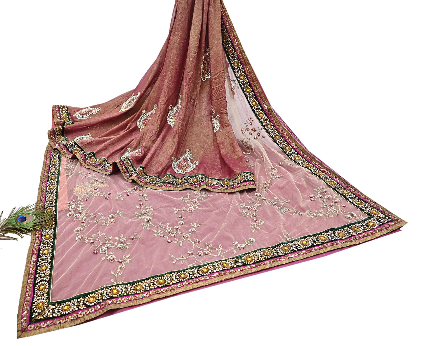 Indian Heavy Sari purple & green Net/Mesh Hand Embroidered Designer Sabyasachi Lehenga Sarees 6yd Ethnic Dabka Zari With Blouse Fabric