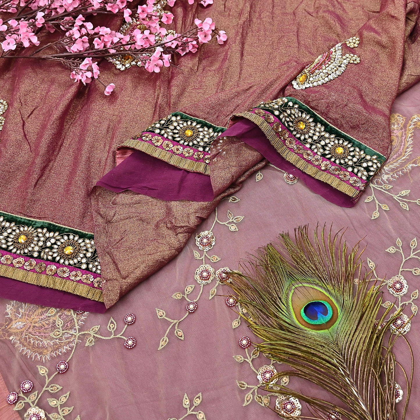 Indian Heavy Sari purple & green Net/Mesh Hand Embroidered Designer Sabyasachi Lehenga Sarees 6yd Ethnic Dabka Zari With Blouse Fabric