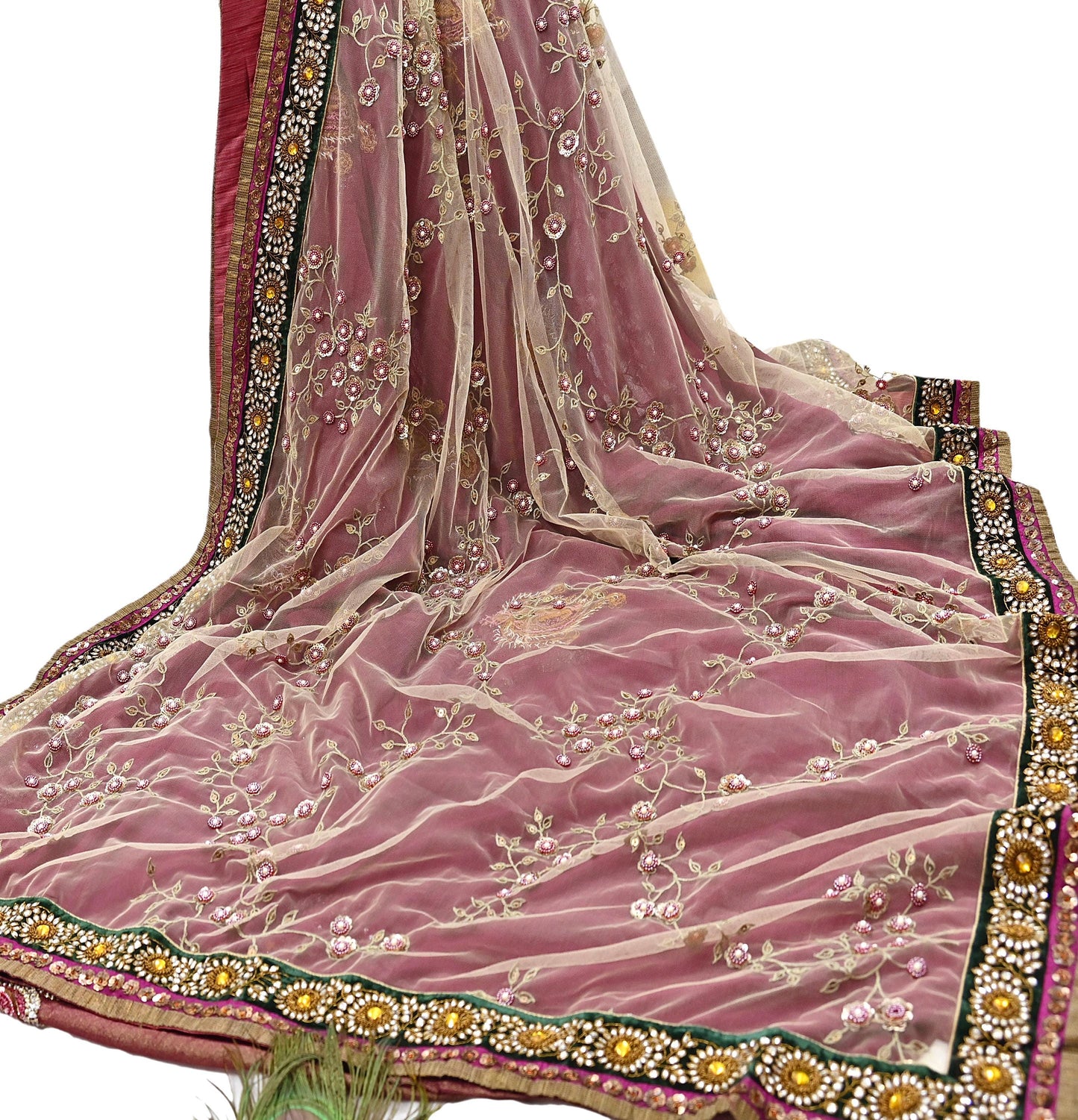 Indian Heavy Sari purple & green Net/Mesh Hand Embroidered Designer Sabyasachi Lehenga Sarees 6yd Ethnic Dabka Zari With Blouse Fabric