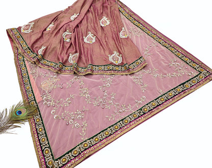 Indian Heavy Sari purple & green Net/Mesh Hand Embroidered Designer Sabyasachi Lehenga Sarees 6yd Ethnic Dabka Zari With Blouse Fabric