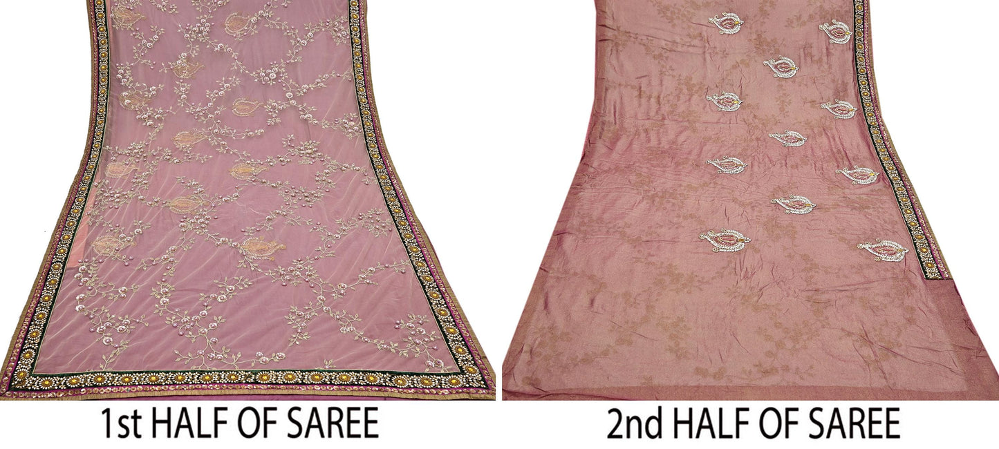 Indian Heavy Sari purple & green Net/Mesh Hand Embroidered Designer Sabyasachi Lehenga Sarees 6yd Ethnic Dabka Zari With Blouse Fabric