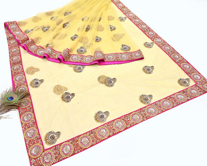 Indian Vintage Saree Yellow Mesh/Net Hand Embroidered Sabyasachi Designer Sari 6Yd Soft Ethnic Bollywood Party saree