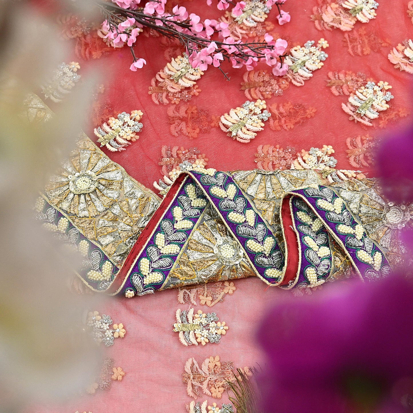Indian Pre-Owned Sari Red & Peach Net/Mesh Hand Embroidered Designer Manish Malhotra Sarees 5Yd Ethnic Zardozi/Dabka Zari Wedding Saree