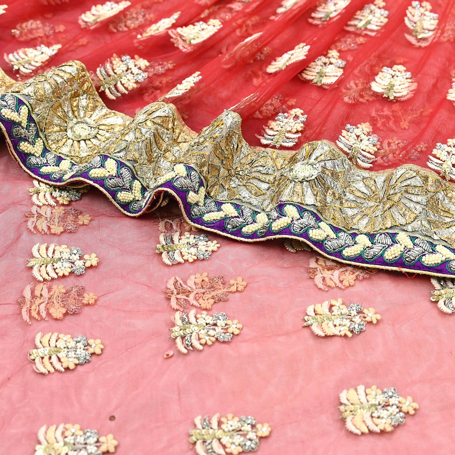 Indian Pre-Owned Sari Red & Peach Net/Mesh Hand Embroidered Designer Manish Malhotra Sarees 5Yd Ethnic Zardozi/Dabka Zari Wedding Saree