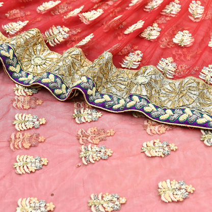 Indian Pre-Owned Sari Red & Peach Net/Mesh Hand Embroidered Designer Manish Malhotra Sarees 5Yd Ethnic Zardozi/Dabka Zari Wedding Saree