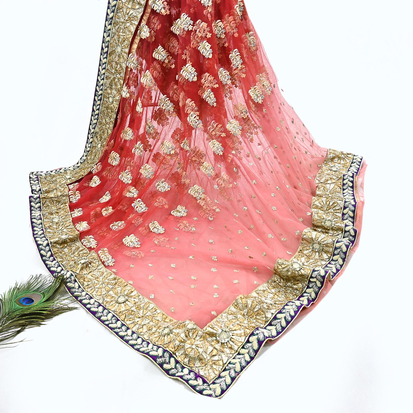 Indian Pre-Owned Sari Red & Peach Net/Mesh Hand Embroidered Designer Manish Malhotra Sarees 5Yd Ethnic Zardozi/Dabka Zari Wedding Saree