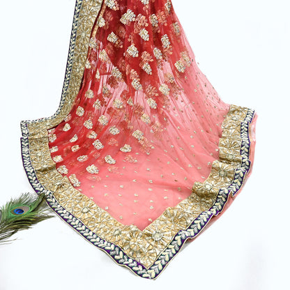 Indian Pre-Owned Sari Red & Peach Net/Mesh Hand Embroidered Designer Manish Malhotra Sarees 5Yd Ethnic Zardozi/Dabka Zari Wedding Saree