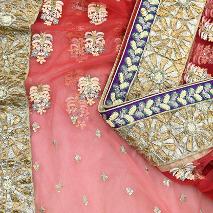 Indian Pre-Owned Sari Red & Peach Net/Mesh Hand Embroidered Designer Manish Malhotra Sarees 5Yd Ethnic Zardozi/Dabka Zari Wedding Saree