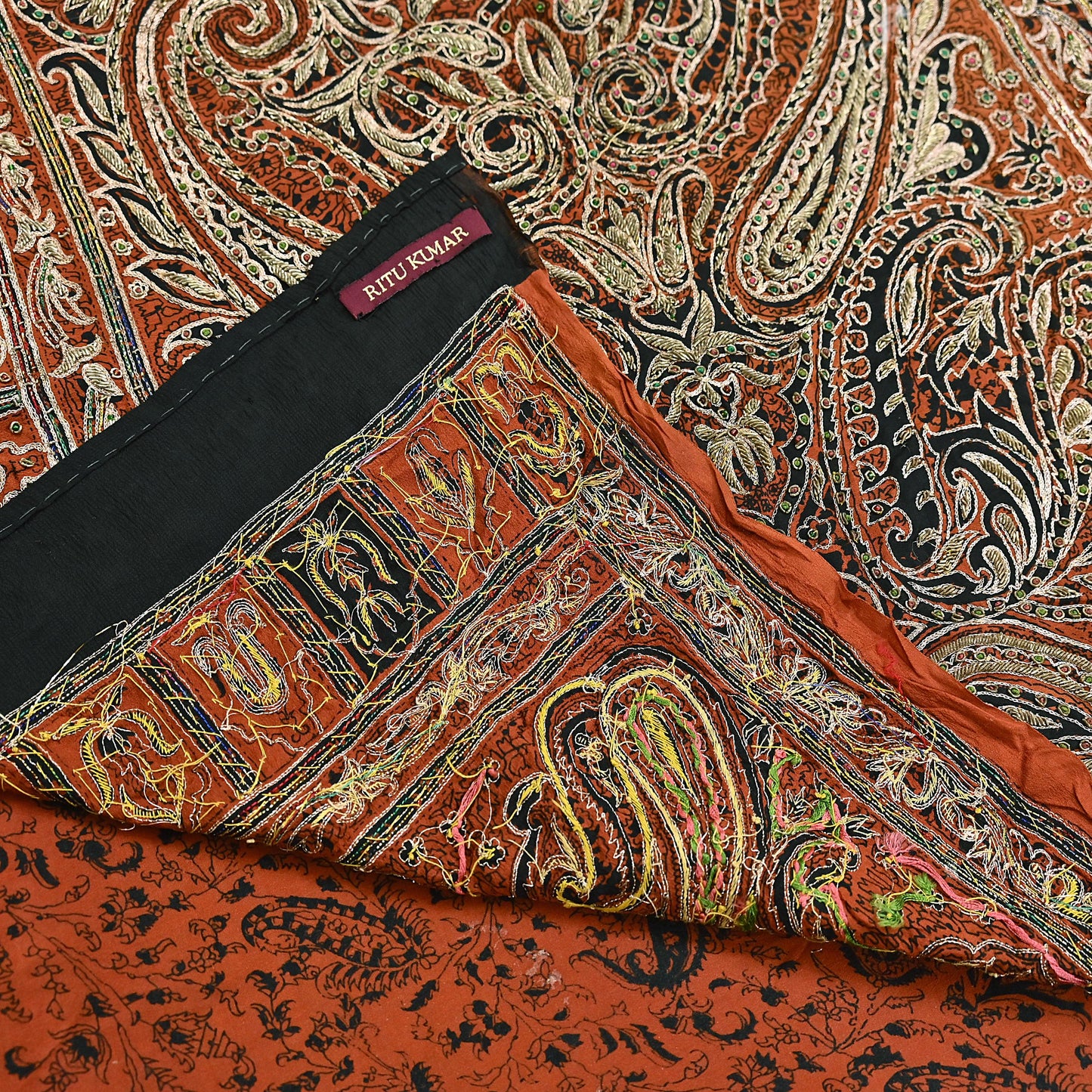 Indian Pre-Owned Sari Black Pure Crepe Silk Pre-owned Hand Embroidered Ritu Kumar Designer Sarees Fabric 5Yd Ethnic Bollywood Party sari