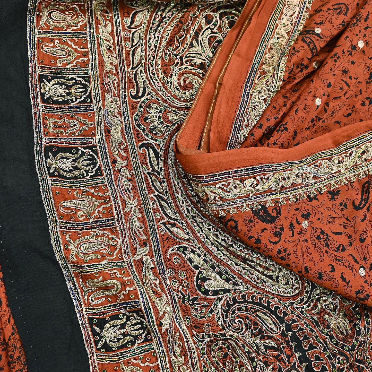 Indian Pre-Owned Sari Black Pure Crepe Silk Pre-owned Hand Embroidered Ritu Kumar Designer Sarees Fabric 5Yd Ethnic Bollywood Party sari