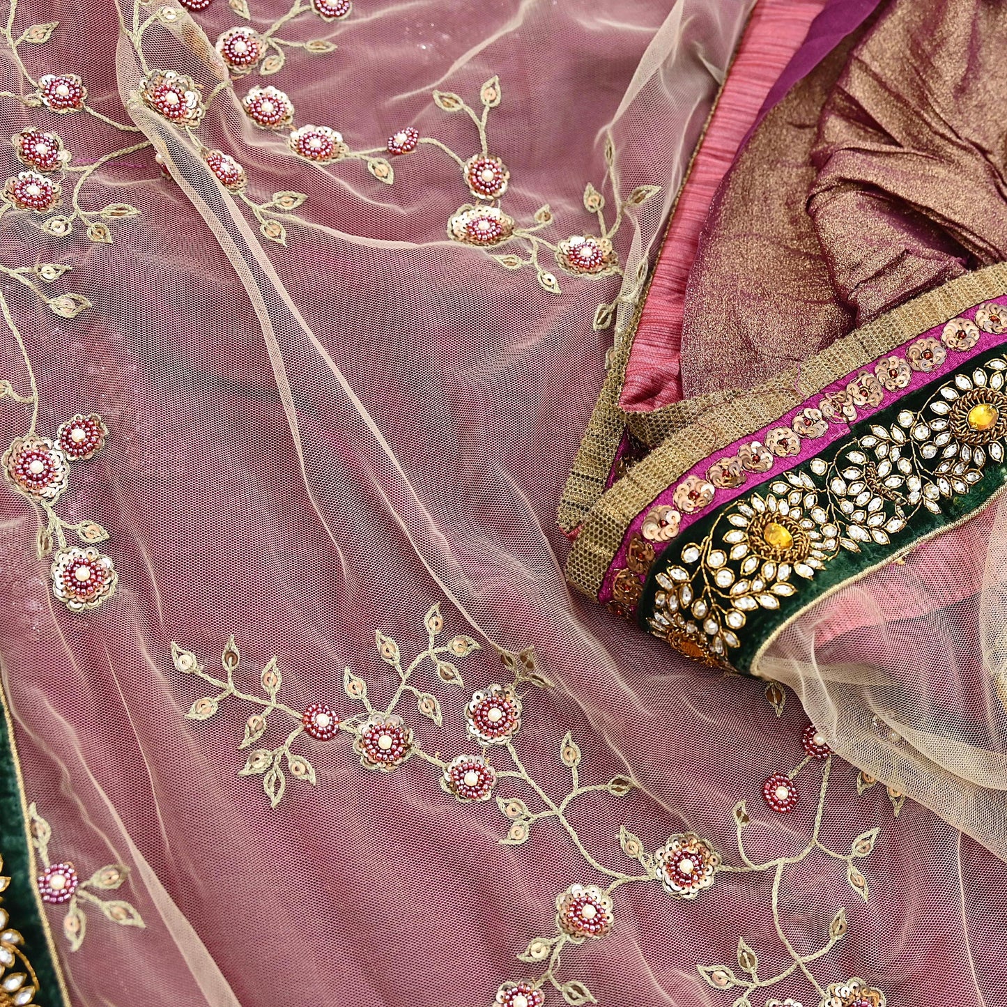 Indian Heavy Sari purple & green Net/Mesh Hand Embroidered Designer Sabyasachi Lehenga Sarees 6yd Ethnic Dabka Zari