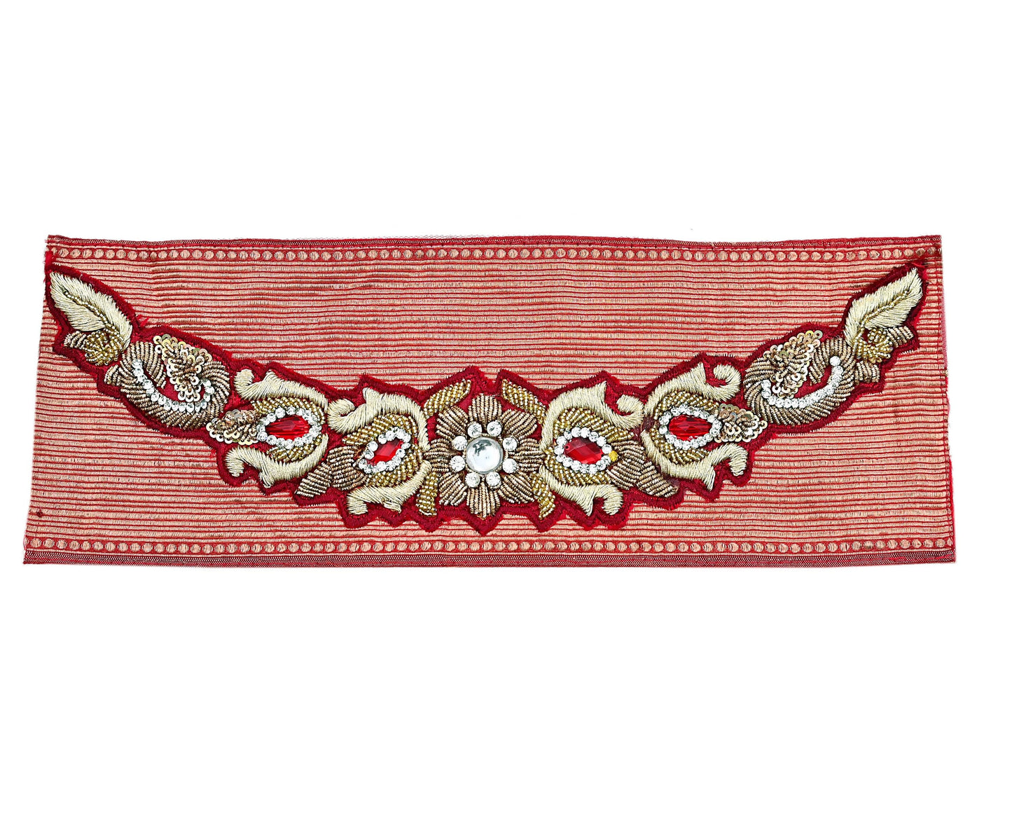 Indian Vintage Red Chanderi Appliques  Set of 2 | Hand-Embroidered Floral Patches with Zardozi,Dabka, Zari,for Craft, Journals 13x4.5"