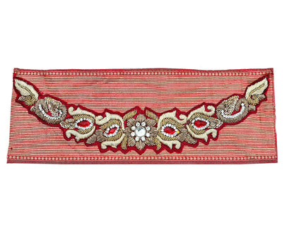 Indian Vintage Red Chanderi Appliques  Set of 2 | Hand-Embroidered Floral Patches with Zardozi,Dabka, Zari,for Craft, Journals 13x4.5"