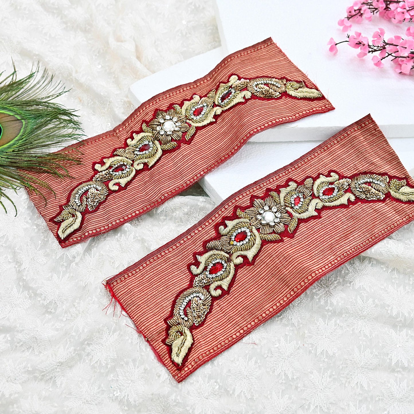 Indian Vintage Red Chanderi Appliques  Set of 2 | Hand-Embroidered Floral Patches with Zardozi,Dabka, Zari,for Craft, Journals 13x4.5"