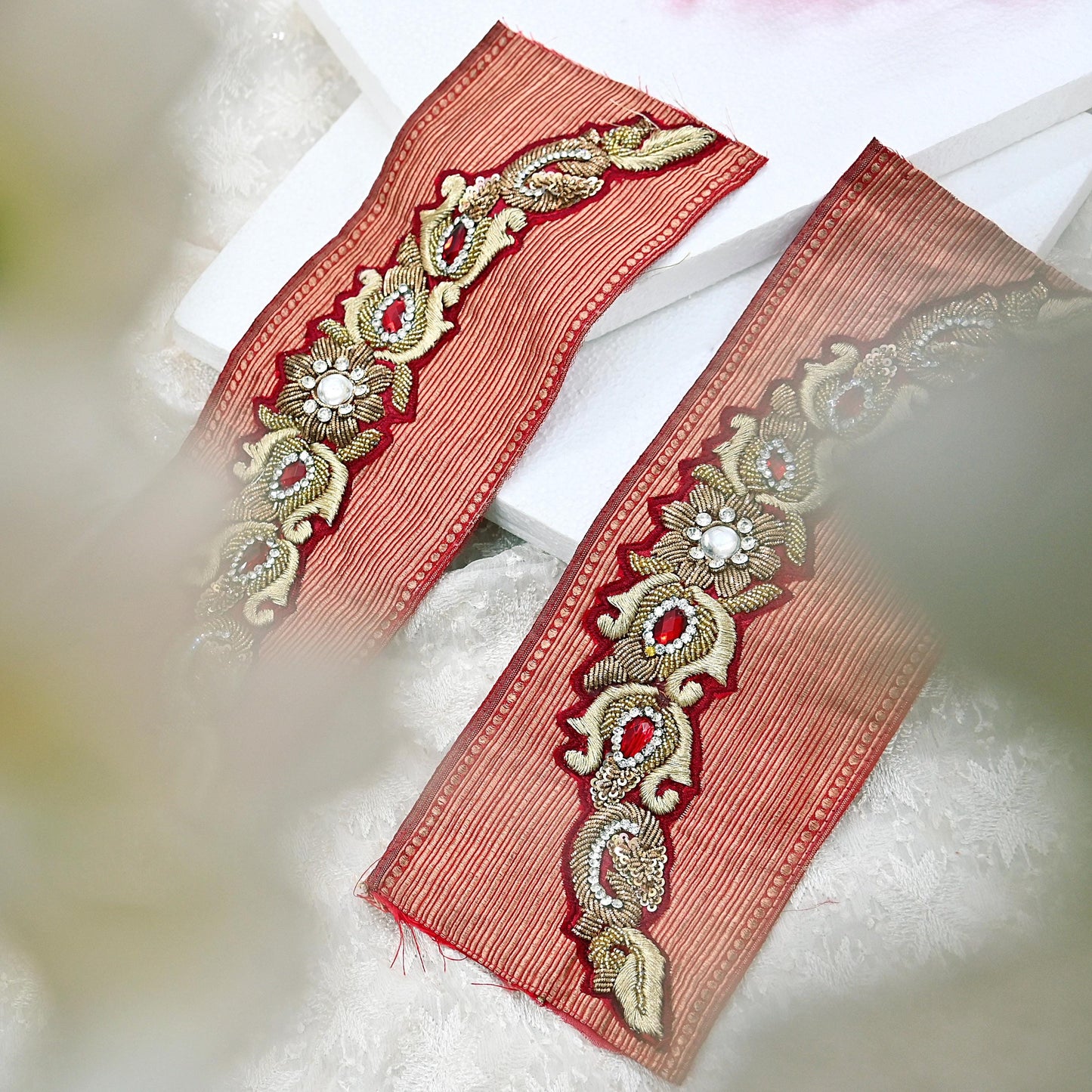 Indian Vintage Red Chanderi Appliques  Set of 2 | Hand-Embroidered Floral Patches with Zardozi,Dabka, Zari,for Craft, Journals 13x4.5"