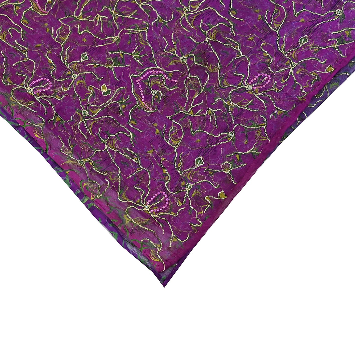 Indian Vintage Purple & Green Dupatta Pure Chiffon silk Long Stole Printed Hand Embroidered Scarves Floral Design Stole Veil Wrap Zari