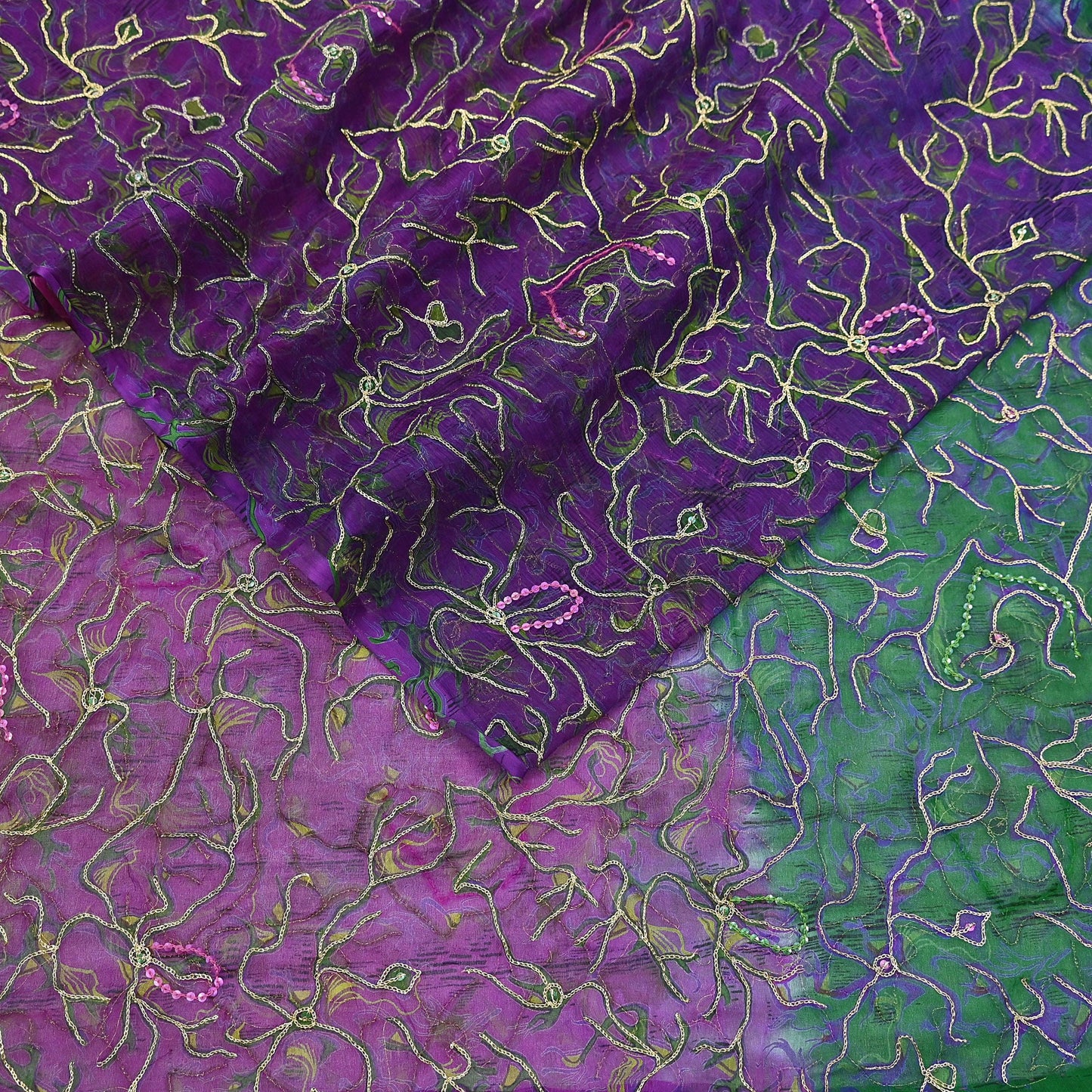 Indian Vintage Purple & Green Dupatta Pure Chiffon silk Long Stole Printed Hand Embroidered Scarves Floral Design Stole Veil Wrap Zari