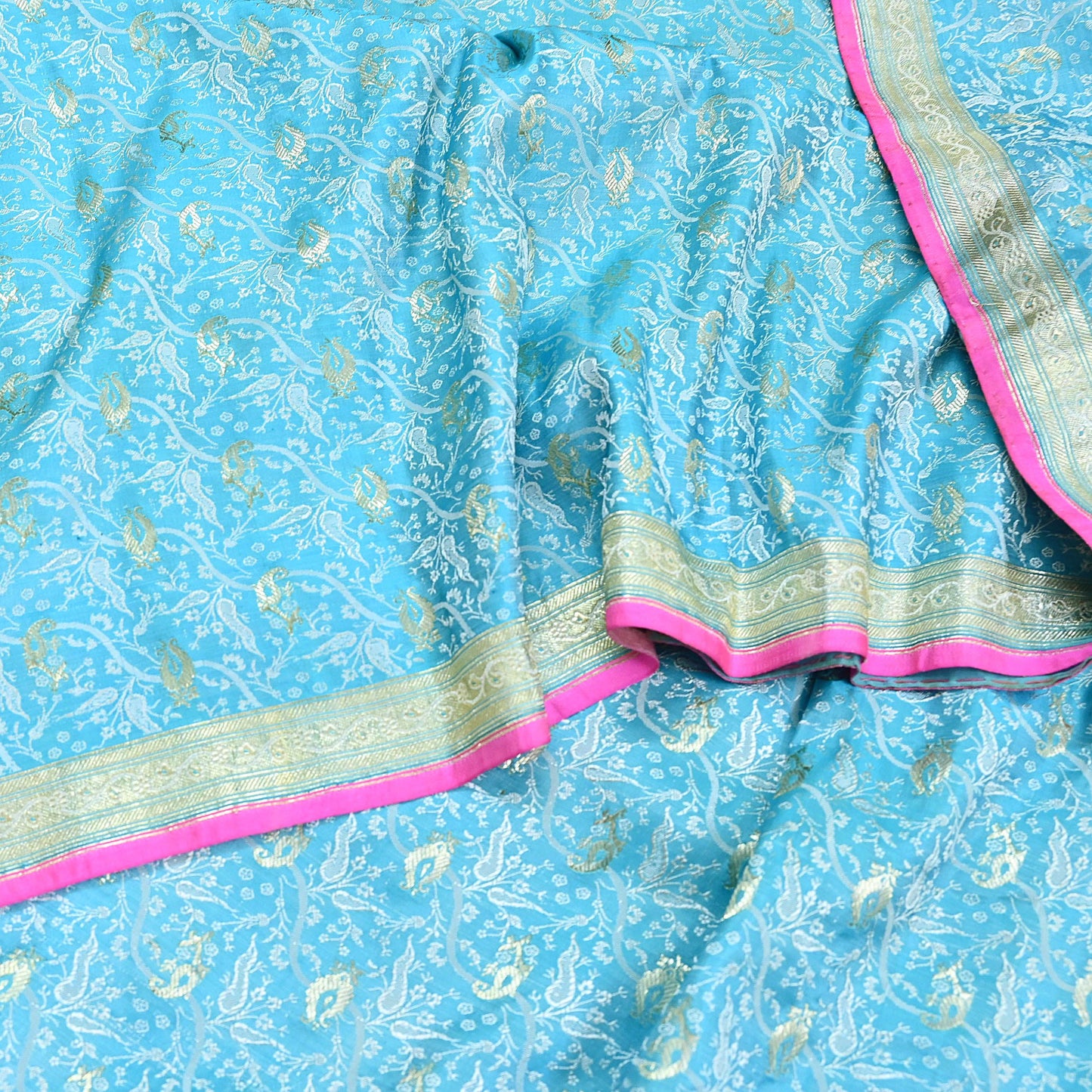 Indian Vintage Sari Blue Heavy Pure Silk Woven Banarasi Brocade Saree Fabric 5Yd Ethnic Dress making Crafting Bollywood Dress Designing Zari