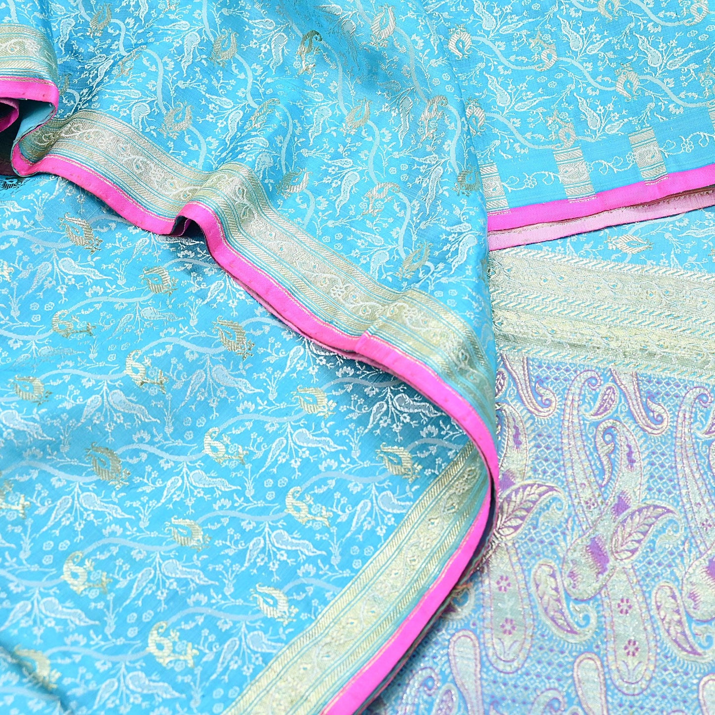 Indian Vintage Sari Blue Heavy Pure Silk Woven Banarasi Brocade Saree Fabric 5Yd Ethnic Dress making Crafting Bollywood Dress Designing Zari