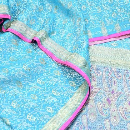 Indian Vintage Sari Blue Heavy Pure Silk Woven Banarasi Brocade Saree Fabric 5Yd Ethnic Dress making Crafting Bollywood Dress Designing Zari