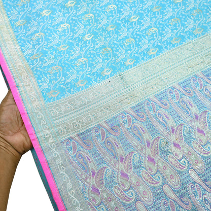Indian Vintage Sari Blue Heavy Pure Silk Woven Banarasi Brocade Saree Fabric 5Yd Ethnic Dress making Crafting Bollywood Dress Designing Zari