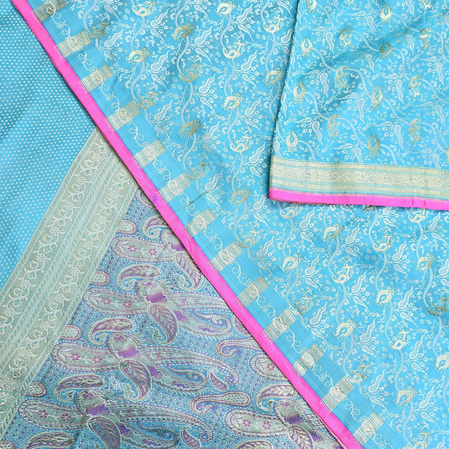 Indian Vintage Sari Blue Heavy Pure Silk Woven Banarasi Brocade Saree Fabric 5Yd Ethnic Dress making Crafting Bollywood Dress Designing Zari