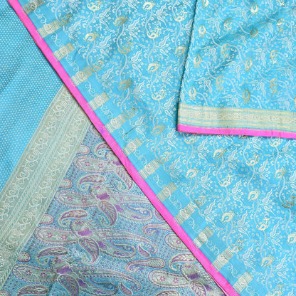 Indian Vintage Sari Blue Heavy Pure Silk Woven Banarasi Brocade Saree Fabric 5Yd Ethnic Dress making Crafting Bollywood Dress Designing Zari