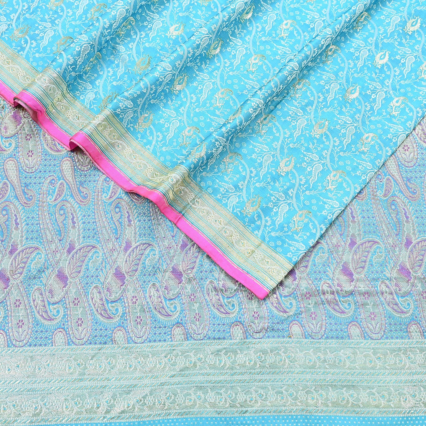 Indian Vintage Sari Blue Heavy Pure Silk Woven Banarasi Brocade Saree Fabric 5Yd Ethnic Dress making Crafting Bollywood Dress Designing Zari