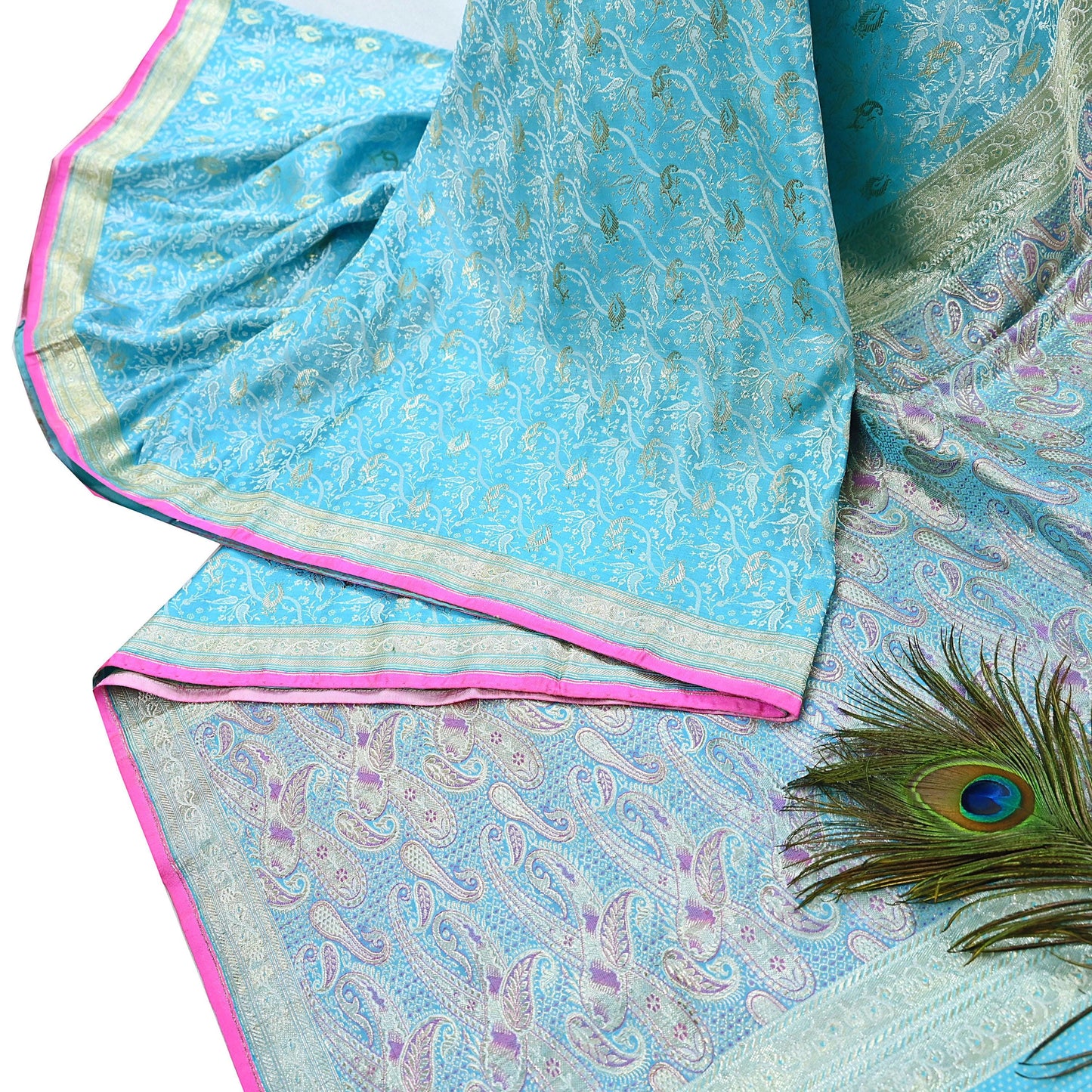 Indian Vintage Sari Blue Heavy Pure Silk Woven Banarasi Brocade Saree Fabric 5Yd Ethnic Dress making Crafting Bollywood Dress Designing Zari