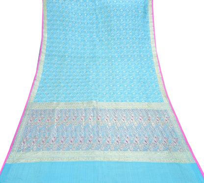 Indian Vintage Sari Blue Heavy Pure Silk Woven Banarasi Brocade Saree Fabric 5Yd Ethnic Dress making Crafting Bollywood Dress Designing Zari