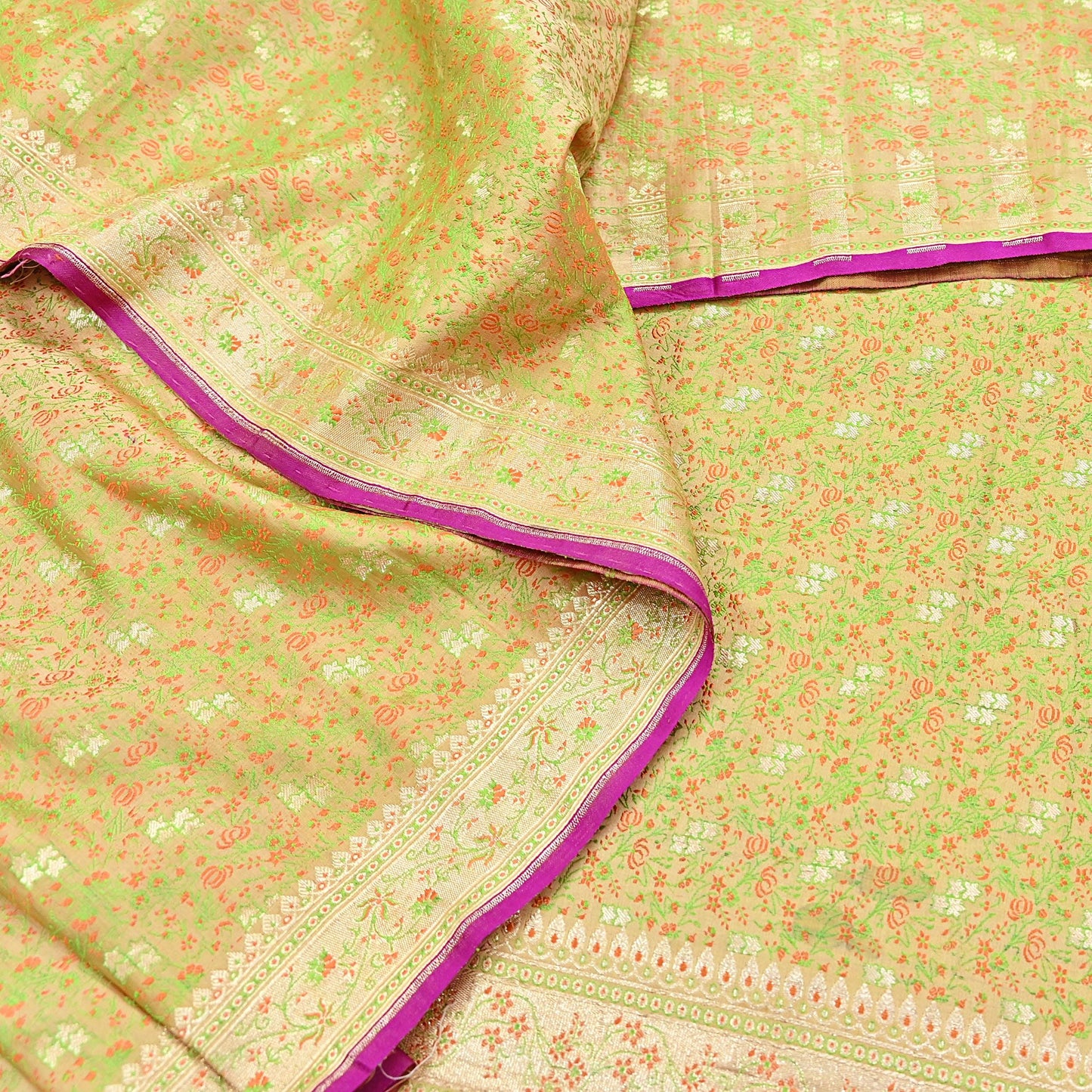 Indian Vintage Sari Beige Heavy Pure Silk Woven Banarasi Brocade Saree Fabric 5Yd Ethnic Dress making Crafting Bollywood Dress Designing