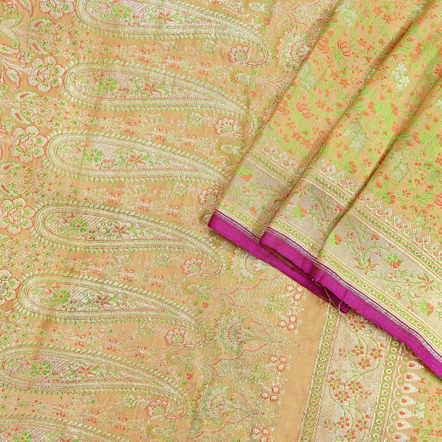 Indian Vintage Sari Beige Heavy Pure Silk Woven Banarasi Brocade Saree Fabric 5Yd Ethnic Dress making Crafting Bollywood Dress Designing
