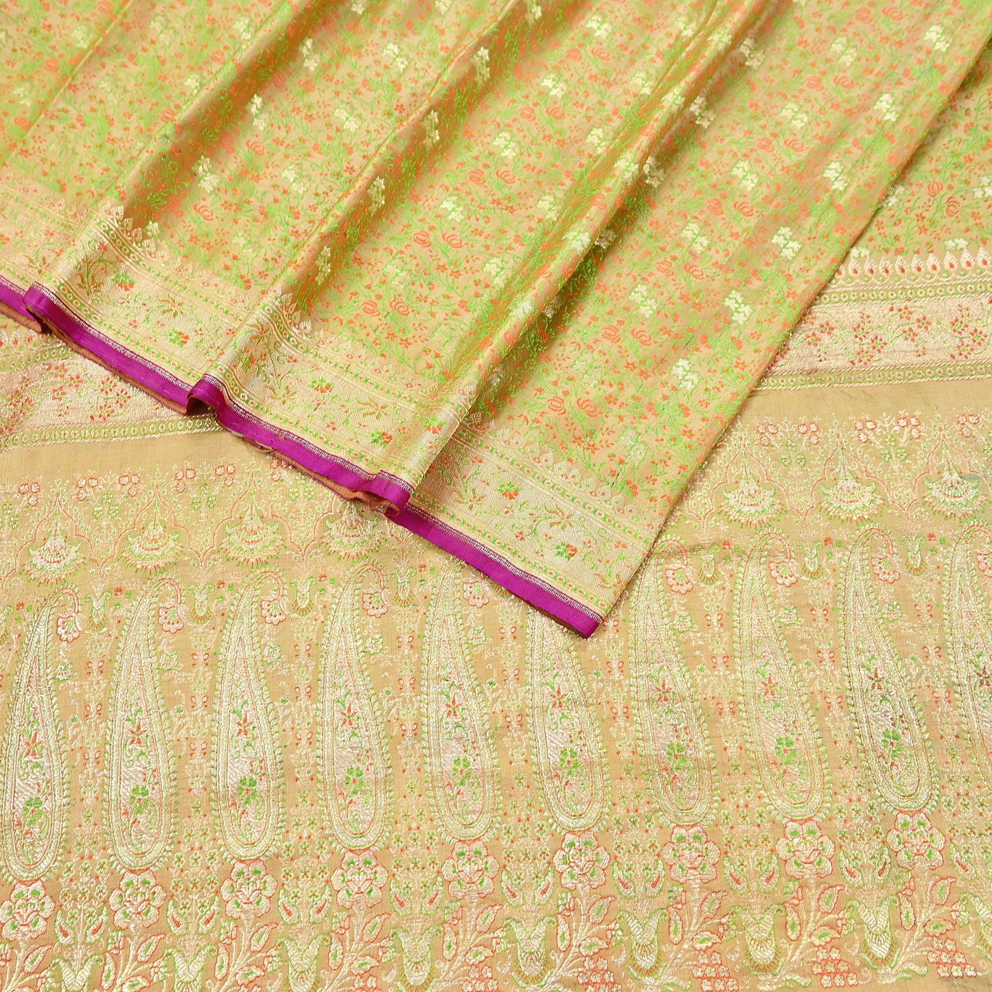Indian Vintage Sari Beige Heavy Pure Silk Woven Banarasi Brocade Saree Fabric 5Yd Ethnic Dress making Crafting Bollywood Dress Designing