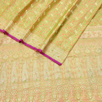 Indian Vintage Sari Beige Heavy Pure Silk Woven Banarasi Brocade Saree Fabric 5Yd Ethnic Dress making Crafting Bollywood Dress Designing