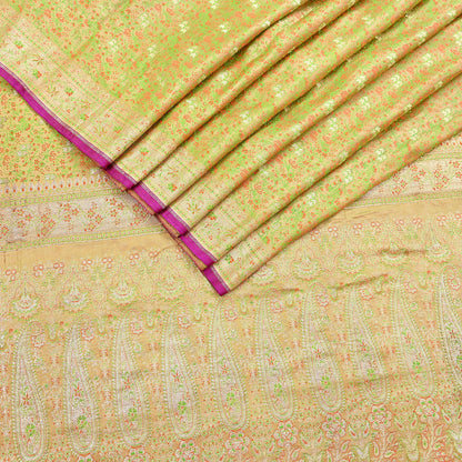 Indian Vintage Sari Beige Heavy Pure Silk Woven Banarasi Brocade Saree Fabric 5Yd Ethnic Dress making Crafting Bollywood Dress Designing
