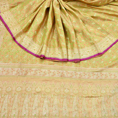 Indian Vintage Sari Beige Heavy Pure Silk Woven Banarasi Brocade Saree Fabric 5Yd Ethnic Dress making Crafting Bollywood Dress Designing