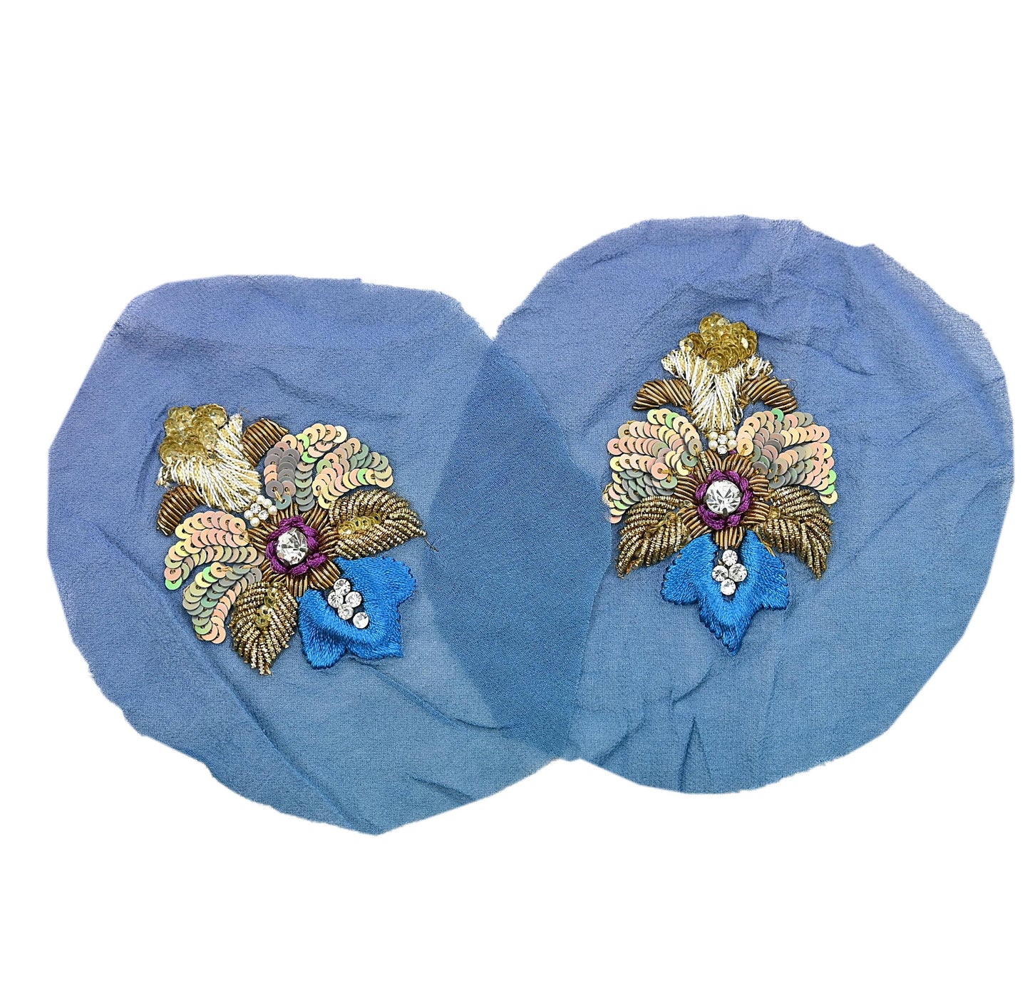 Indian Vintage Purple & Blue Pure Georgette Silk Appliques Set of 5 Hand-Embroidered Patches with Zardozi, Dabka ,for Craft Journals 3x2.5"