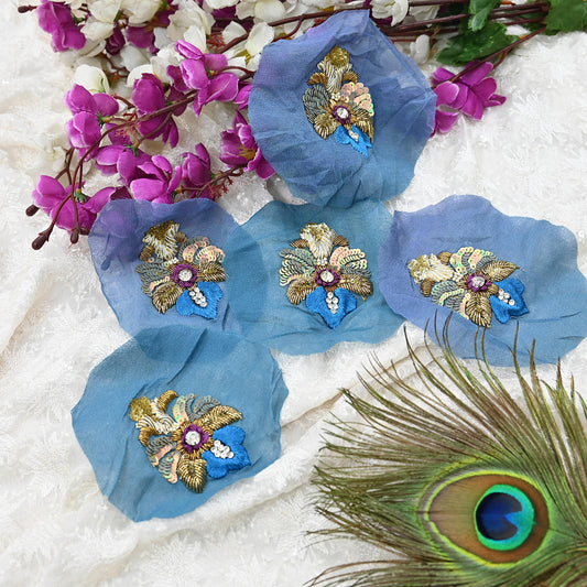 Indian Vintage Purple & Blue Pure Georgette Silk Appliques Set of 5 Hand-Embroidered Patches with Zardozi, Dabka ,for Craft Journals 3x2.5"