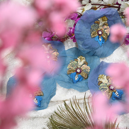 Indian Vintage Purple & Blue Pure Georgette Silk Appliques Set of 5 Hand-Embroidered Patches with Zardozi, Dabka ,for Craft Journals 3x2.5"