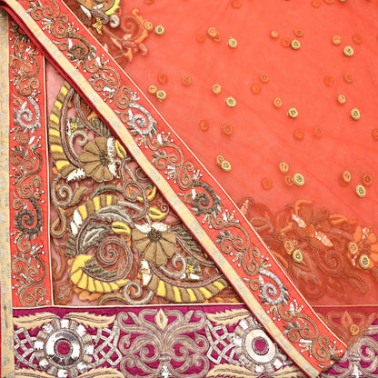 Indian Vintage Heavy Orange Net/Mesh/ Velvet Hand Embroidered Dupatta Designer By Anamika Khanna Bridal Wear Dabka Zardozi Veil Hijab